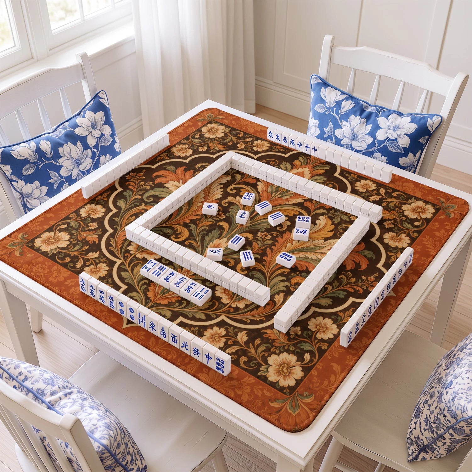 Terracotta Damask mahjong mat with tiles and racks on the table