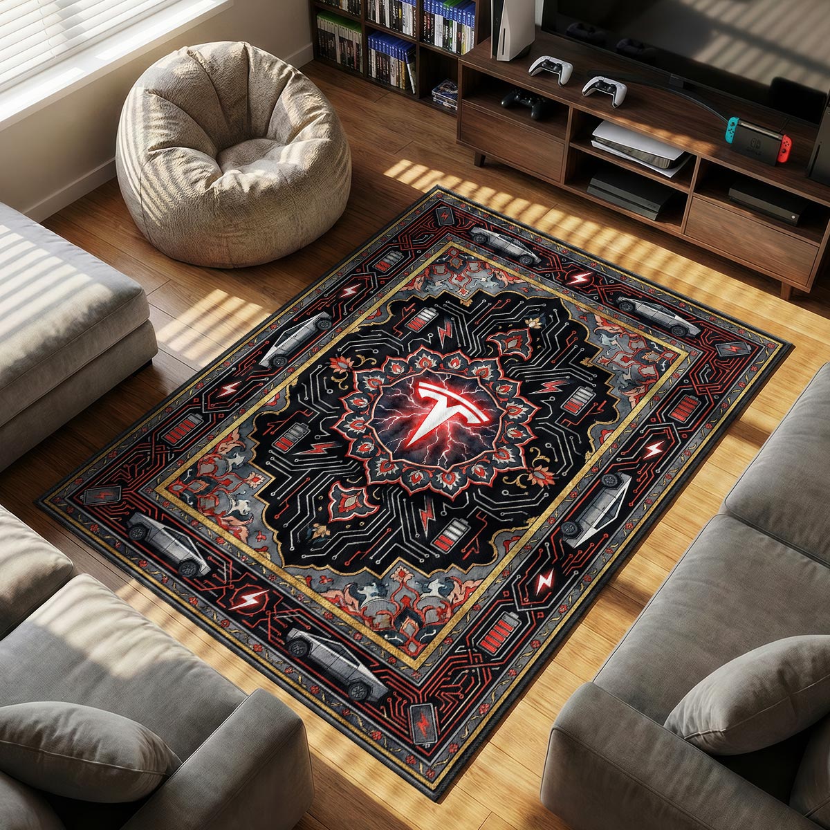 Tesla Cybertruck themed area rug for home decor fans