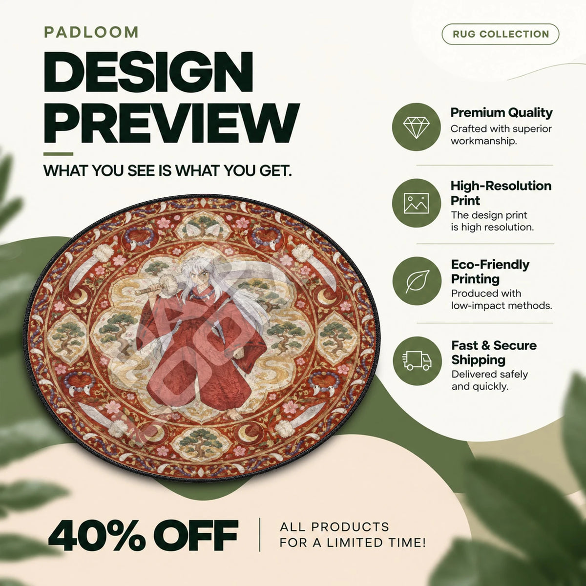 Tessaiga Half-Demon Inuyasha round rug full design preview
