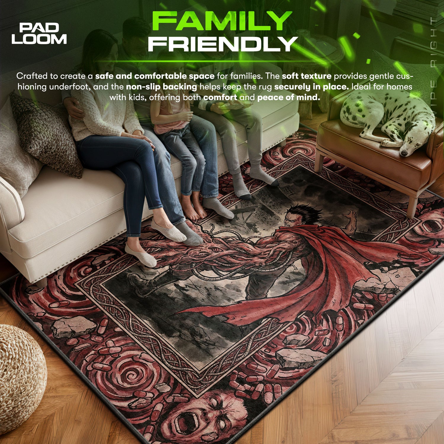 Dynamic area rug showing full home decor artwork