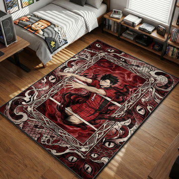 Haikyuu rug featuring Tetsuro Kuroo blocking at the net, surrounded by red blood cells, chemical formulas, and Nekoma cat eyes in a dark fantasy style.