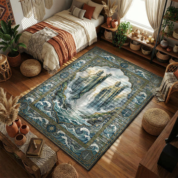 The Argonath statues towering over the River Anduin watercolor art style movie themed area rug and home theater mat
