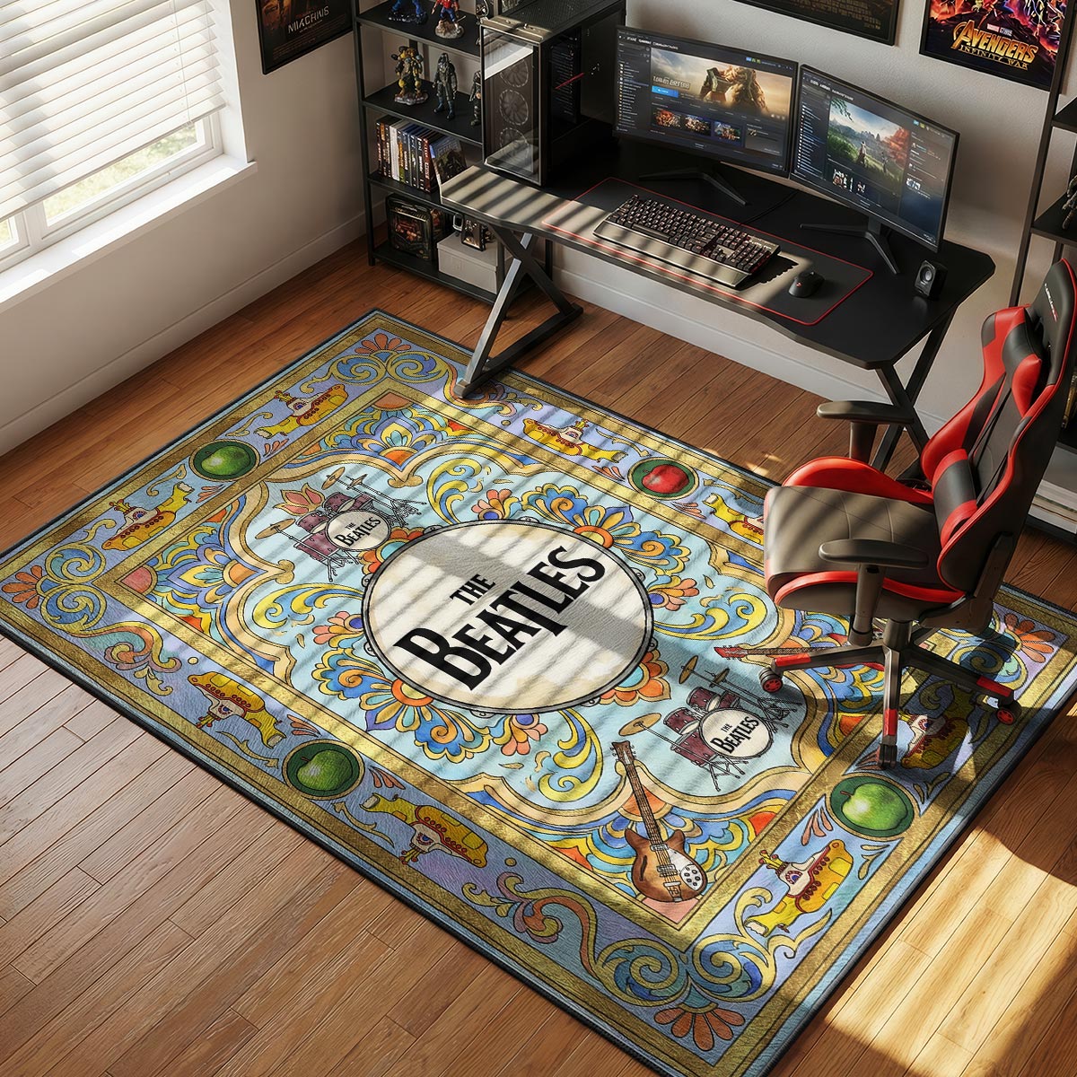 The Beatles classic rock rug placed in a bright living room with white walls and light wood furniture