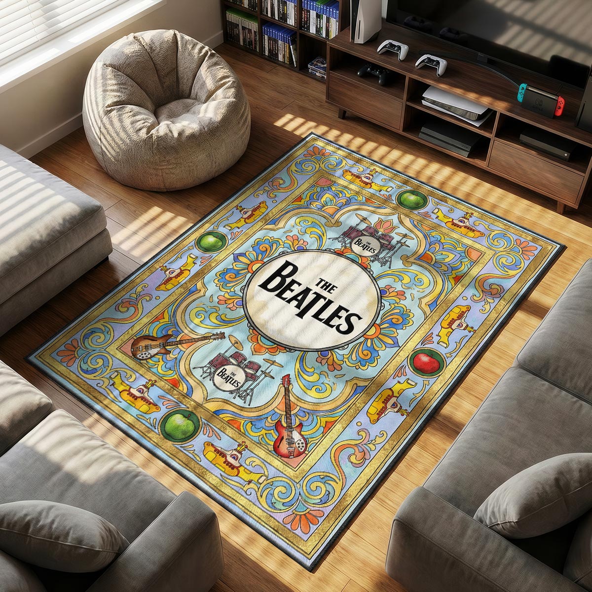 Close-up of The Beatles rug showing yellow submarine border detail and dye-sublimation on velvet fiber