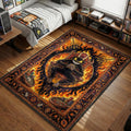 The Devil Cuphead character sitting on a burning throne with casino chips and dice in vintage cartoon style gaming area rug and floor mat