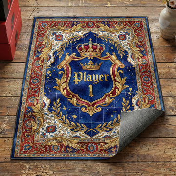 Fantasy RPG Dungeon gaming rug with gothic text dragon silhouette torches and chain border