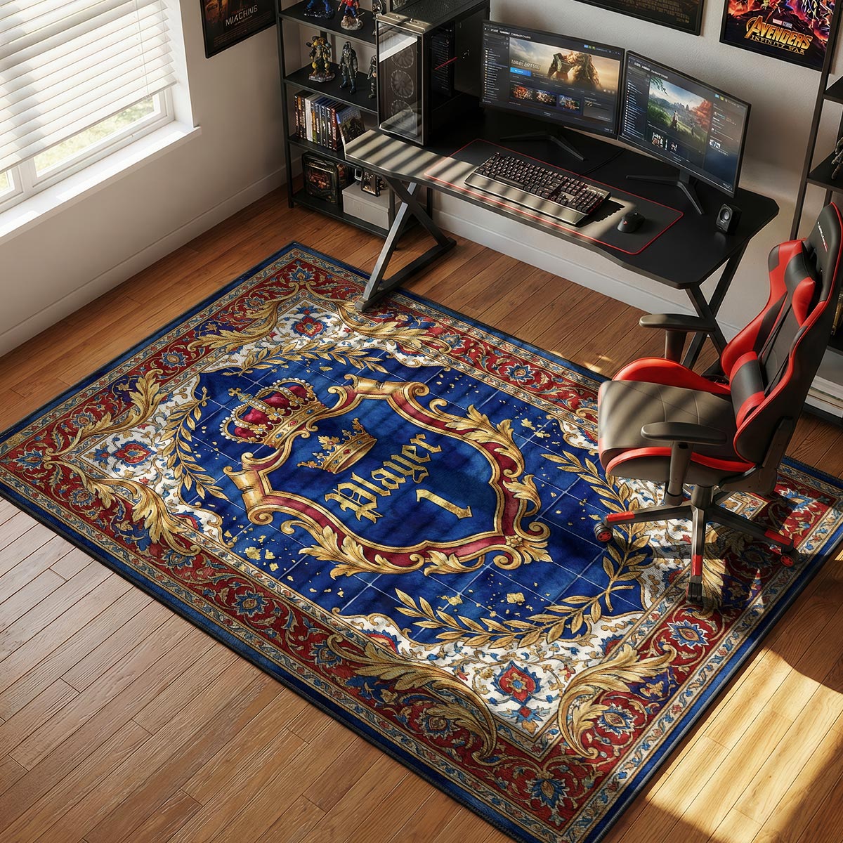 Dungeon rug placed in a tabletop RPG game room with dim lighting and stone decor