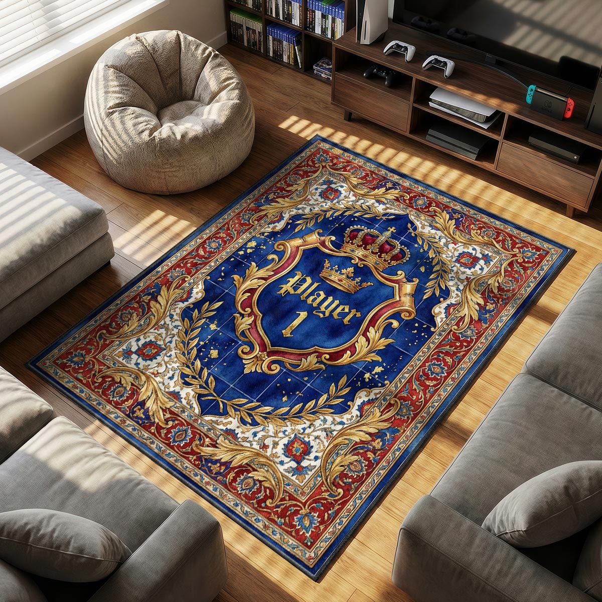 Detail of Dungeon rug showing stone wall texture and torch flame on dye-sublimation velvet