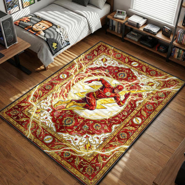 The Flash running through Speed Force lightning in an ornate red and gold floral tapestry art style movie themed area rug and home theater mat