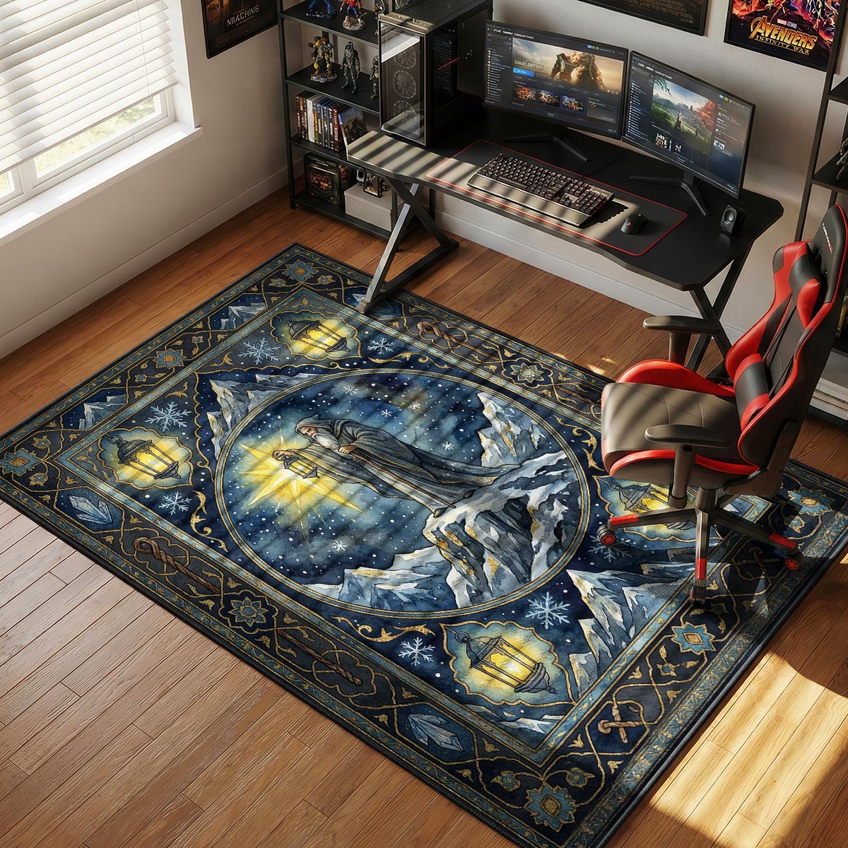 Hermit tarot rug placed in a quiet home study with reading lamp and minimalist dark furniture