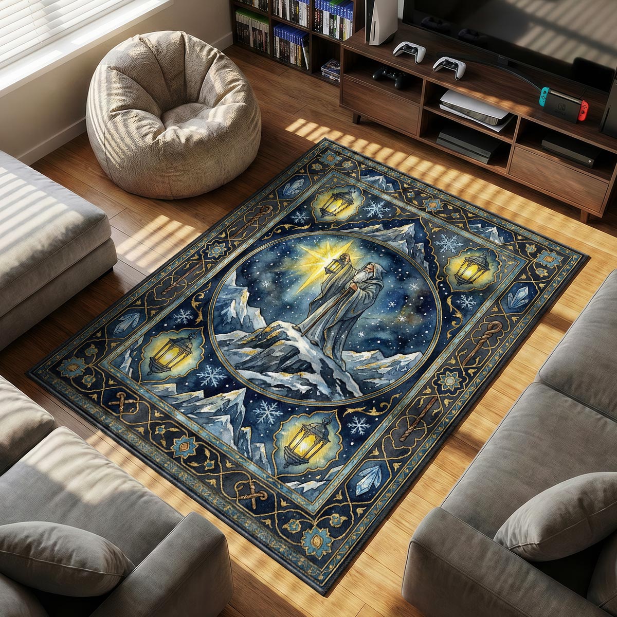 Detail of Hermit rug showing glowing star lantern and snowflake border on velvet fiber
