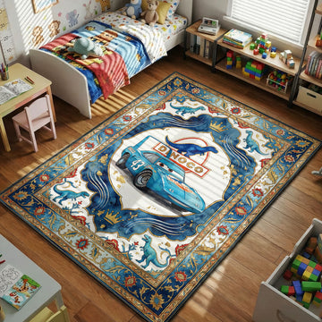 The King #43 Dinoco Cars kids area rug with dinosaur logos on navy blue cream tapestry