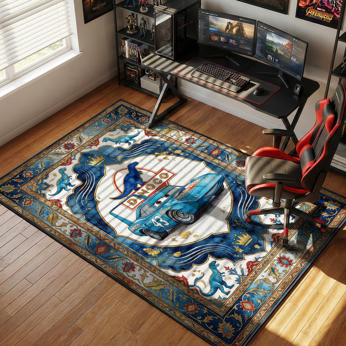 The King Dinoco rug placed in a boy's bedroom with blue bedding and dinosaur toys