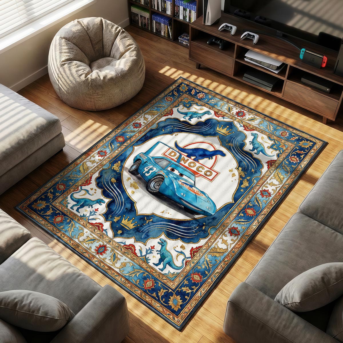 Close-up of The King area rug showing Dinoco dinosaur border and navy blue velvet texture