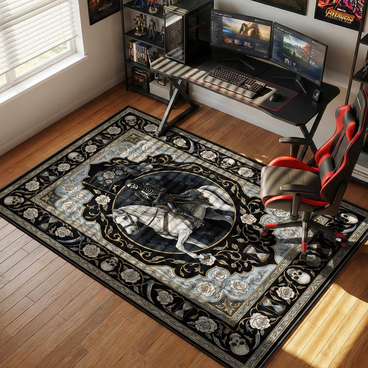 Moon tarot rug placed in a serene bedroom with grey linens and silver moon phase wall decor