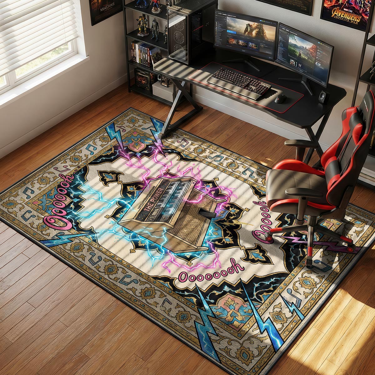 The Power rug placed in a music room beside a synthesizer with warm ambient lighting
