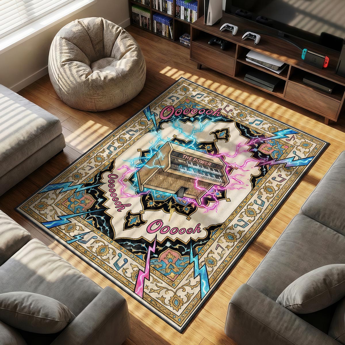 Close-up of The Power area rug showing pink lightning bolt detail and cream velvet texture