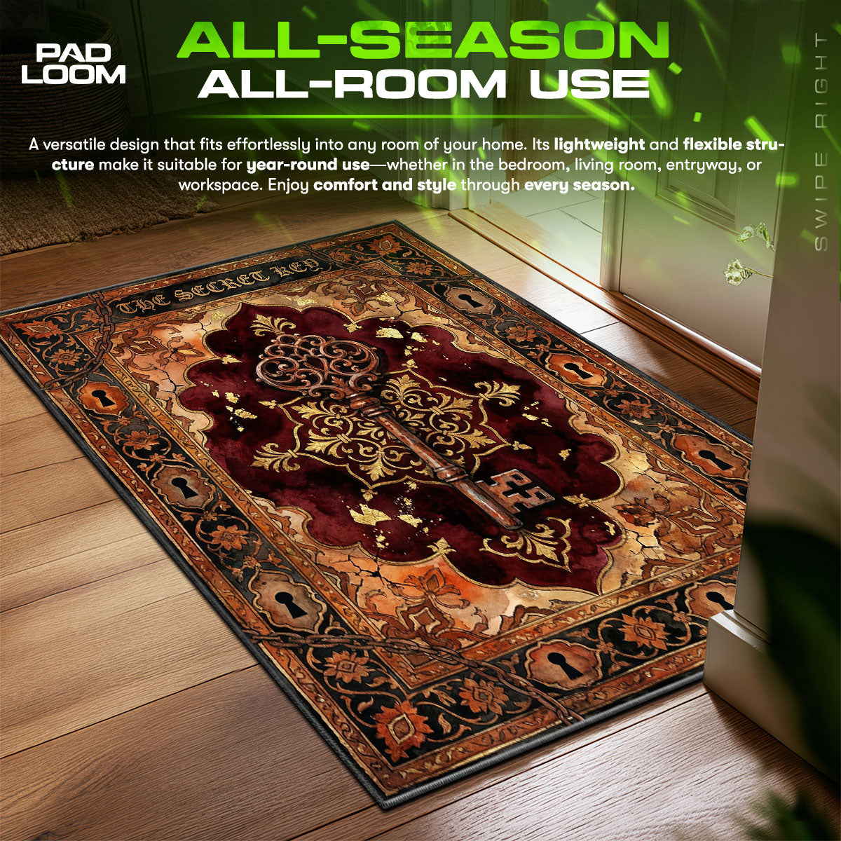 Area themed rug edge stitching detail