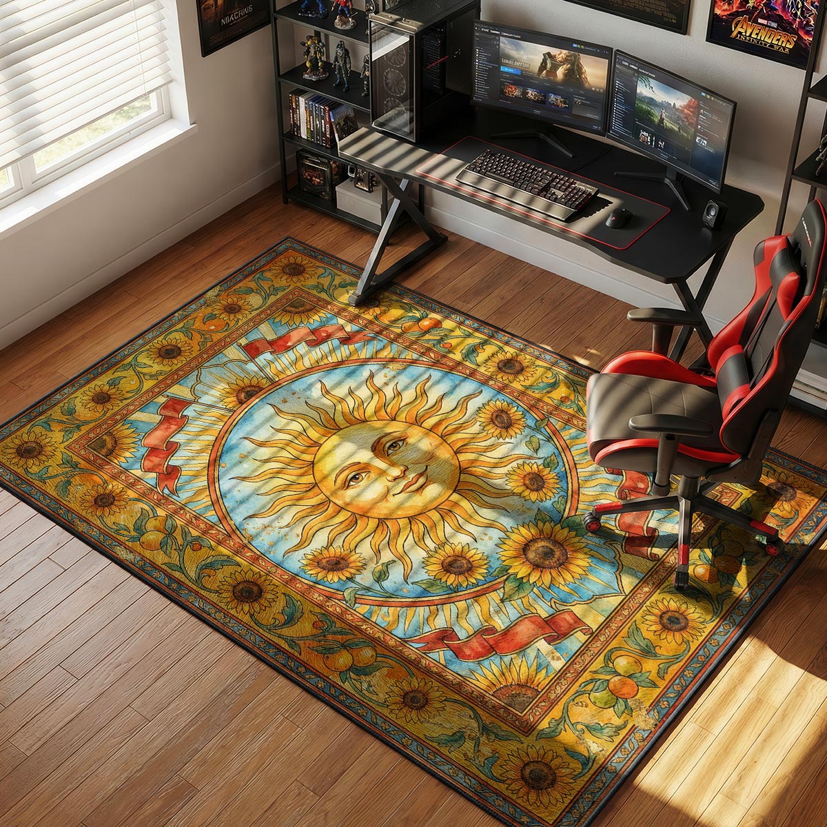 Sun tarot rug placed in a bright sunlit living room with white furniture and natural wood