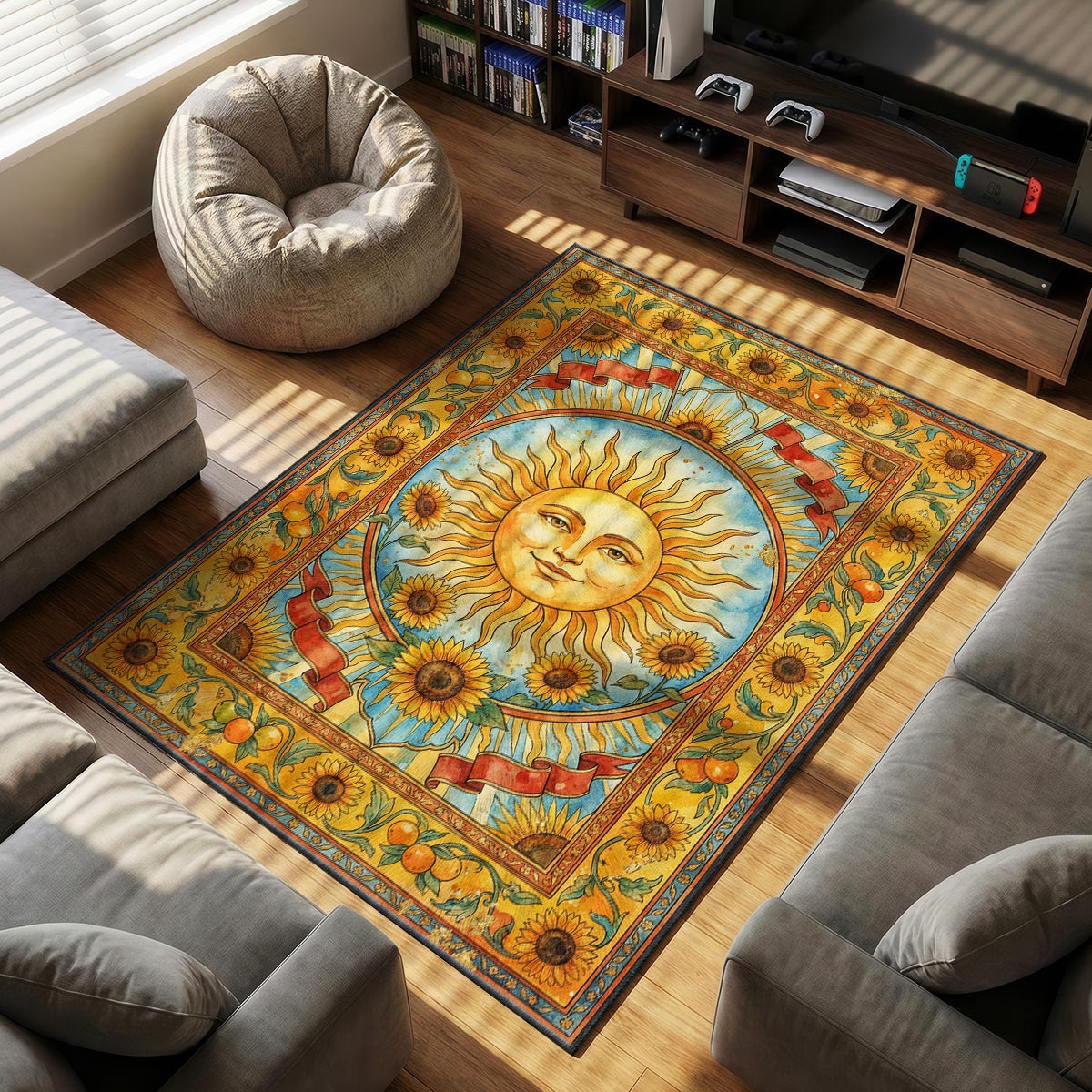 Close-up of Sun tarot rug showing golden ray detail and sunflower petals on velvet surface