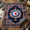 The Who mod target roundel area rug with arrow Vespa scooters and Union Jack on navy blue tapestry