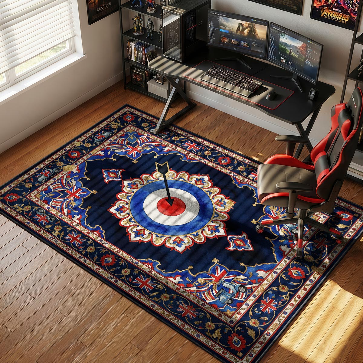 The Who British rock rug placed in a mid-century modern living room with light walls and retro furniture