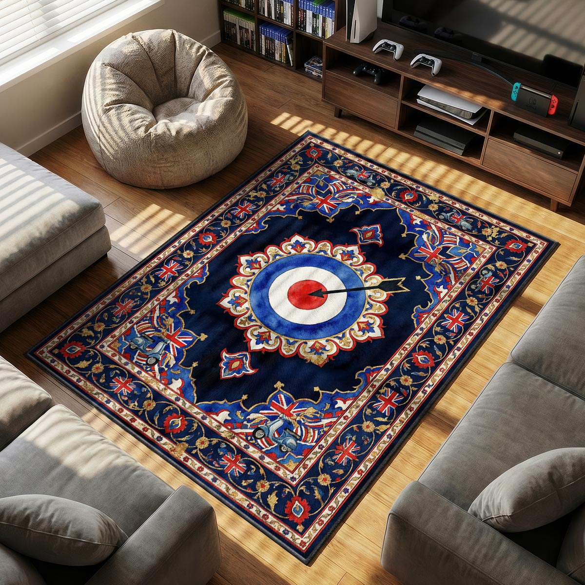 Close-up of The Who rug showing mod target roundel detail and gold arabesque border on velvet surface