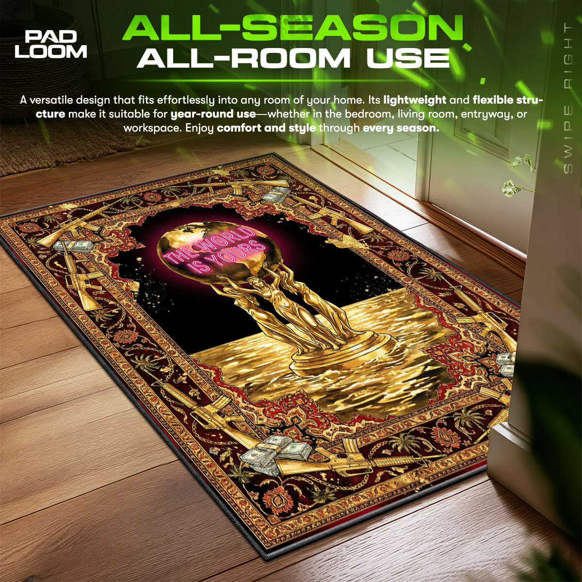 World is Yours Globe Scarface Room fan rug — premium quality print