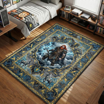 Thor wielding Mjolnir in electric storm surrounded by goats and lightning motifs gaming area rug and floor mat