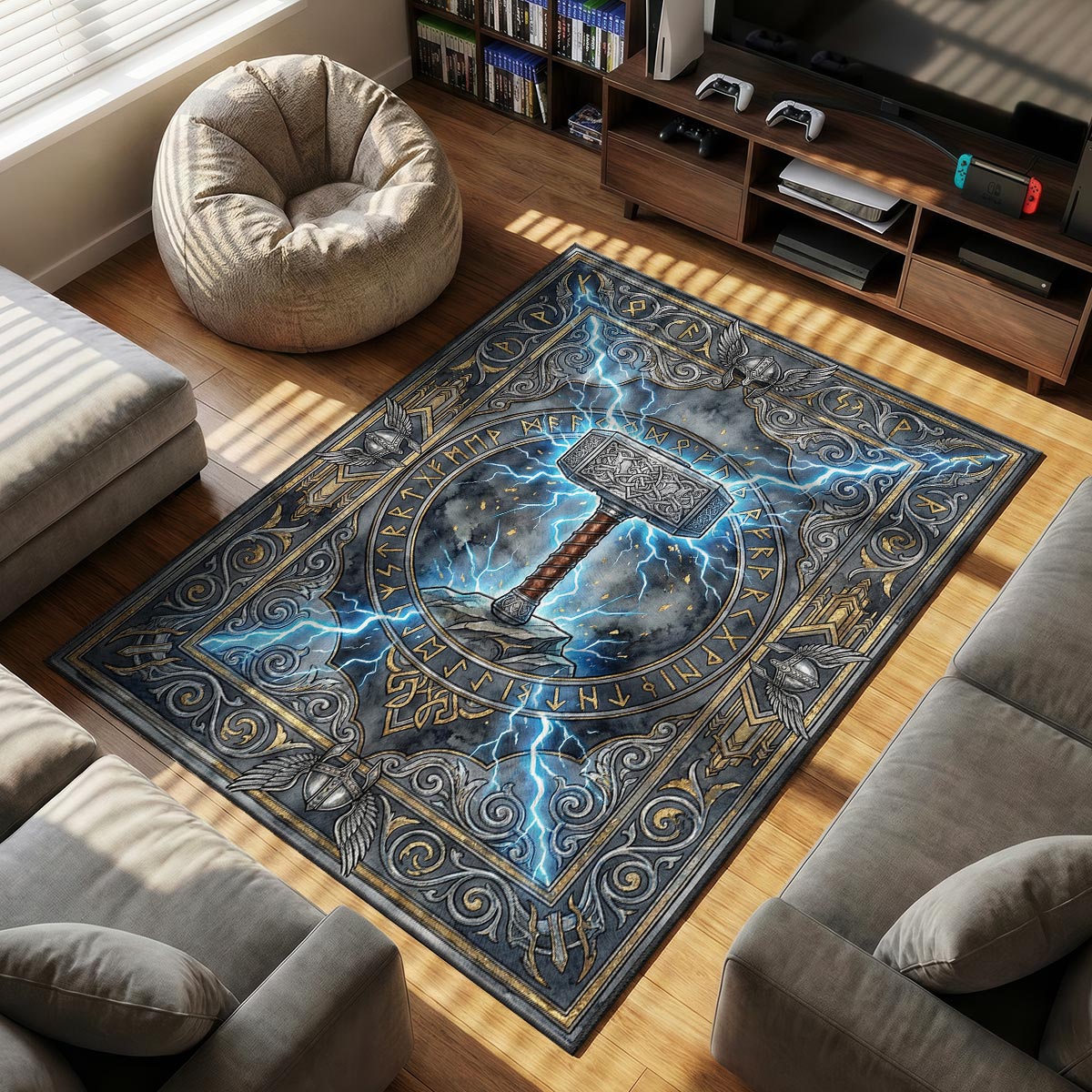 Thor Mjolnir themed area rug for home decor fans