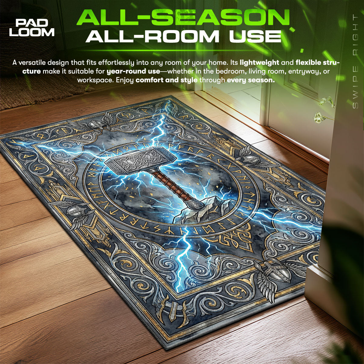 Thor Mjolnir Lightning Marvel Room fan rug — premium quality print