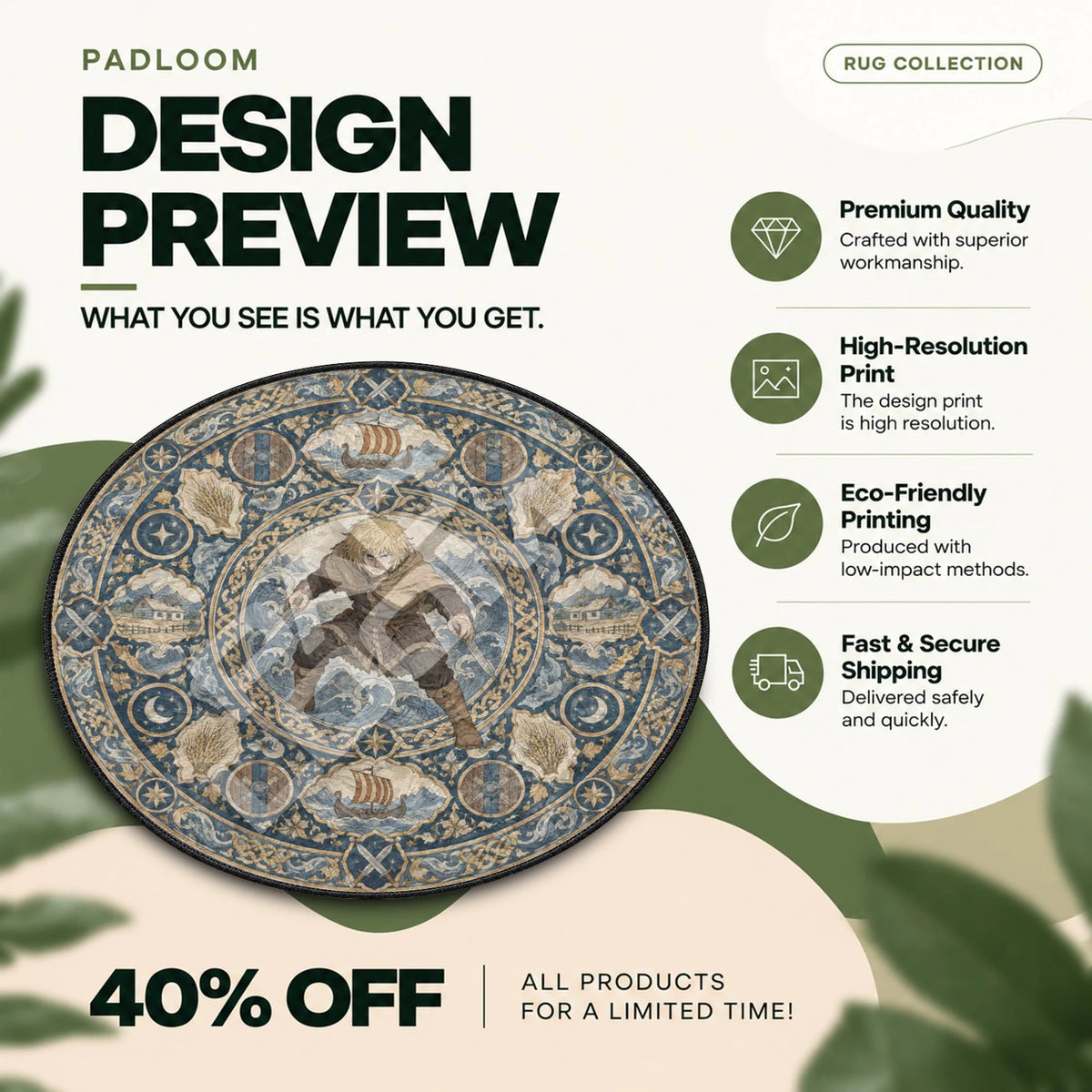 Thorfinn Crouching Vinland Saga round rug full design preview
