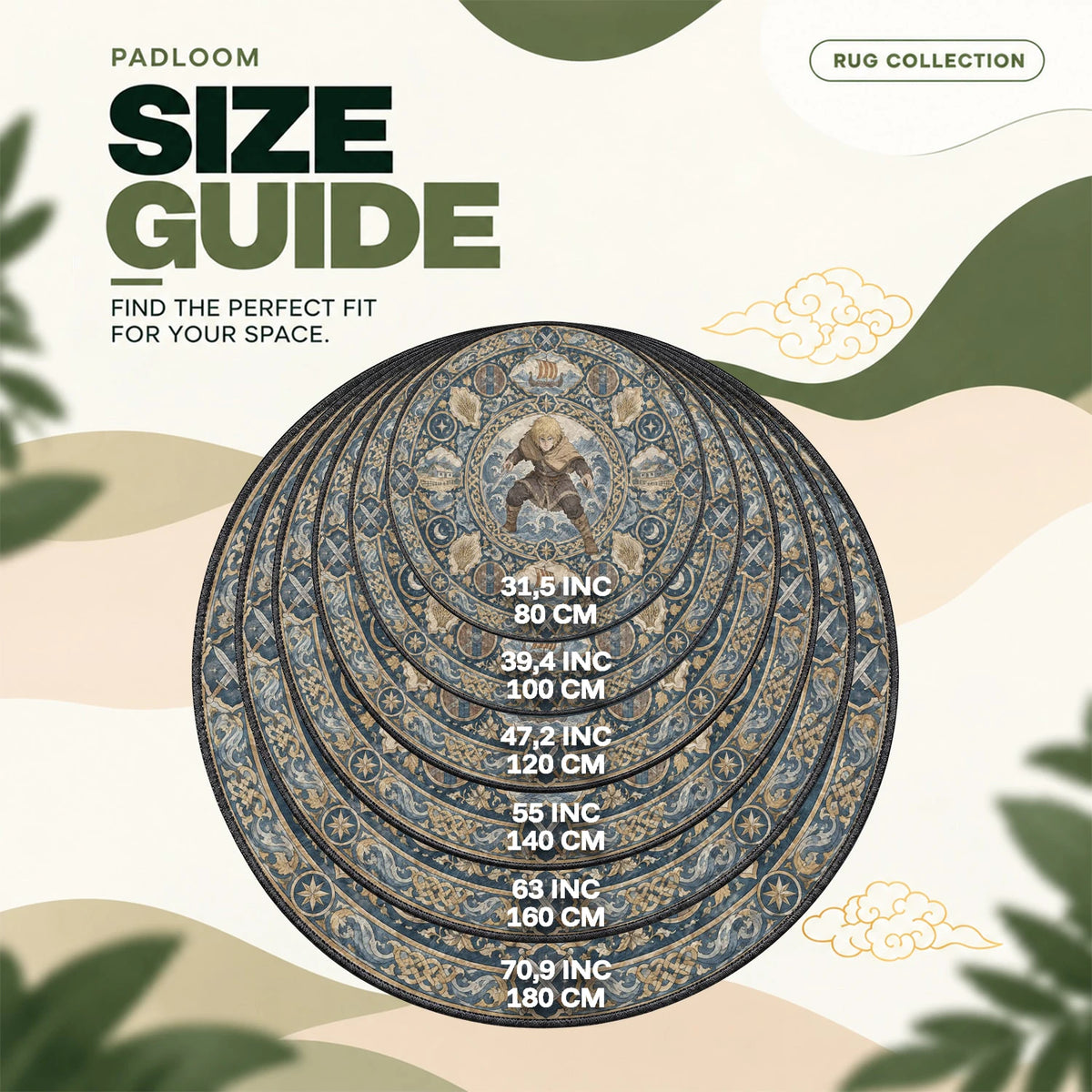 Thorfinn Crouching round rug size guide, 80 to 180 cm (31.5 to 70.9 in)