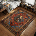 Thorfinn holding dual daggers in combat stance ornate Persian-style Viking art area rug and floor mat