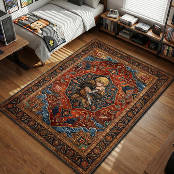 Thorfinn holding dual daggers in combat stance ornate Persian-style Viking art area rug and floor mat