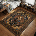 Thorfinn sitting in meditation surrounded by wheat stalks and planted swords in ornate gold style area rug and floor mat
