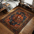 Thorfinn screaming surrounded by stylized flames and floating daggers in ornate Nordic art style area rug and floor mat