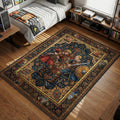 Thorfinn fighting Askeladd with daggers and sword in ornate Nordic tapestry style area rug and floor mat