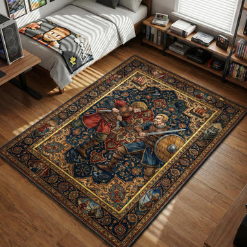 Thorfinn fighting Askeladd with daggers and sword in ornate Nordic tapestry style area rug and floor mat