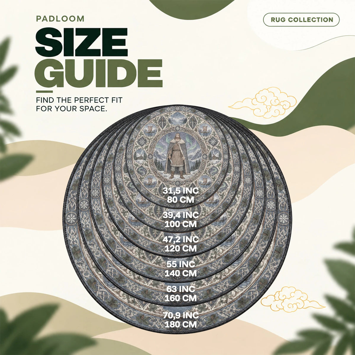 Thors Aurora round rug size guide, 80 to 180 cm (31.5 to 70.9 in)