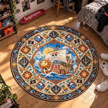 Thousand Sunny Medallion One Piece round rug on a bedroom floor - One Piece chair mat