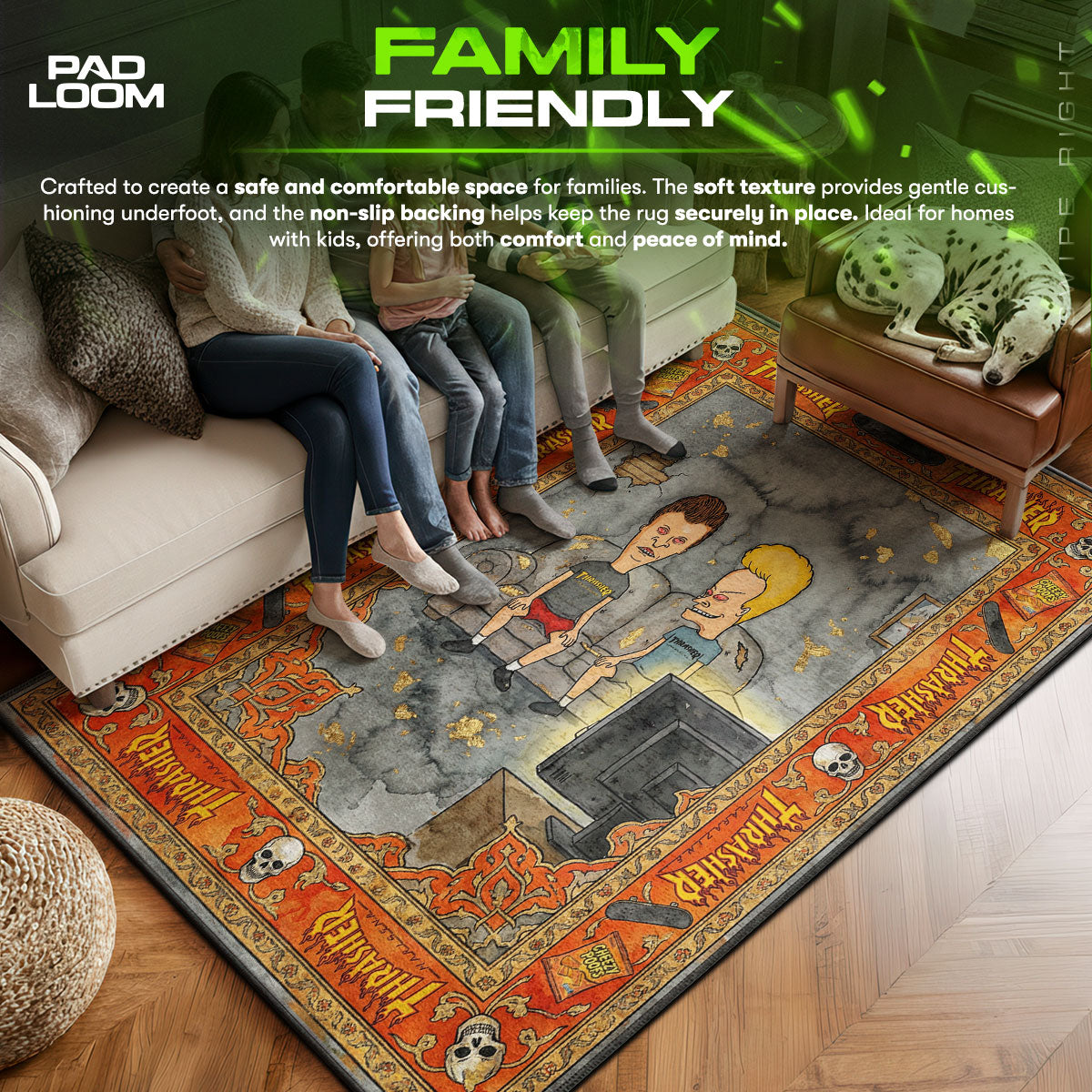 Thrasher area rug showing full home decor artwork
