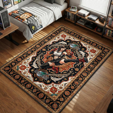 Tifa Lockhart performing high kick with Seventh Heaven logo and dolphins in intricate Persian style gaming area rug and floor mat