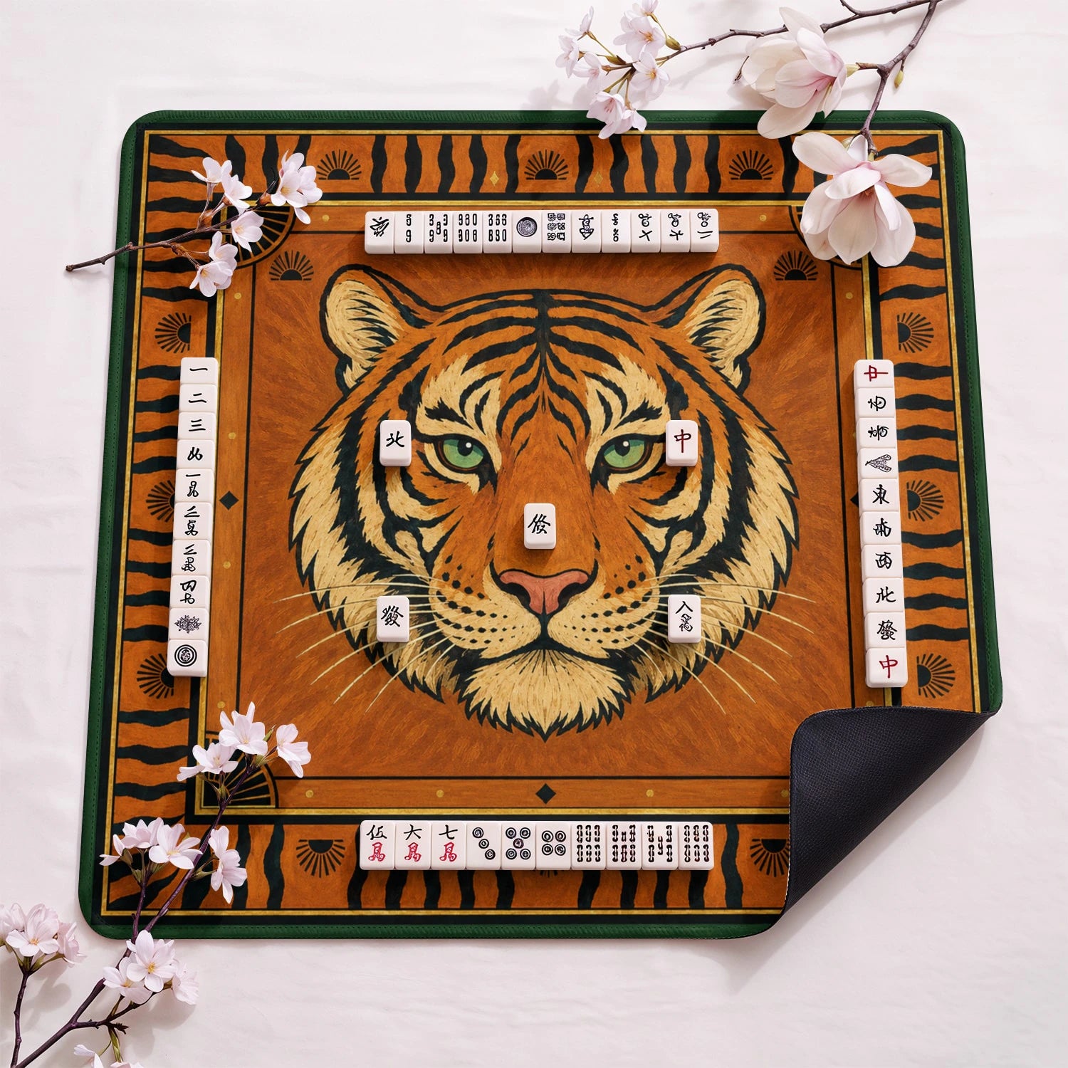Tiger design close-up on mahjong mat surface