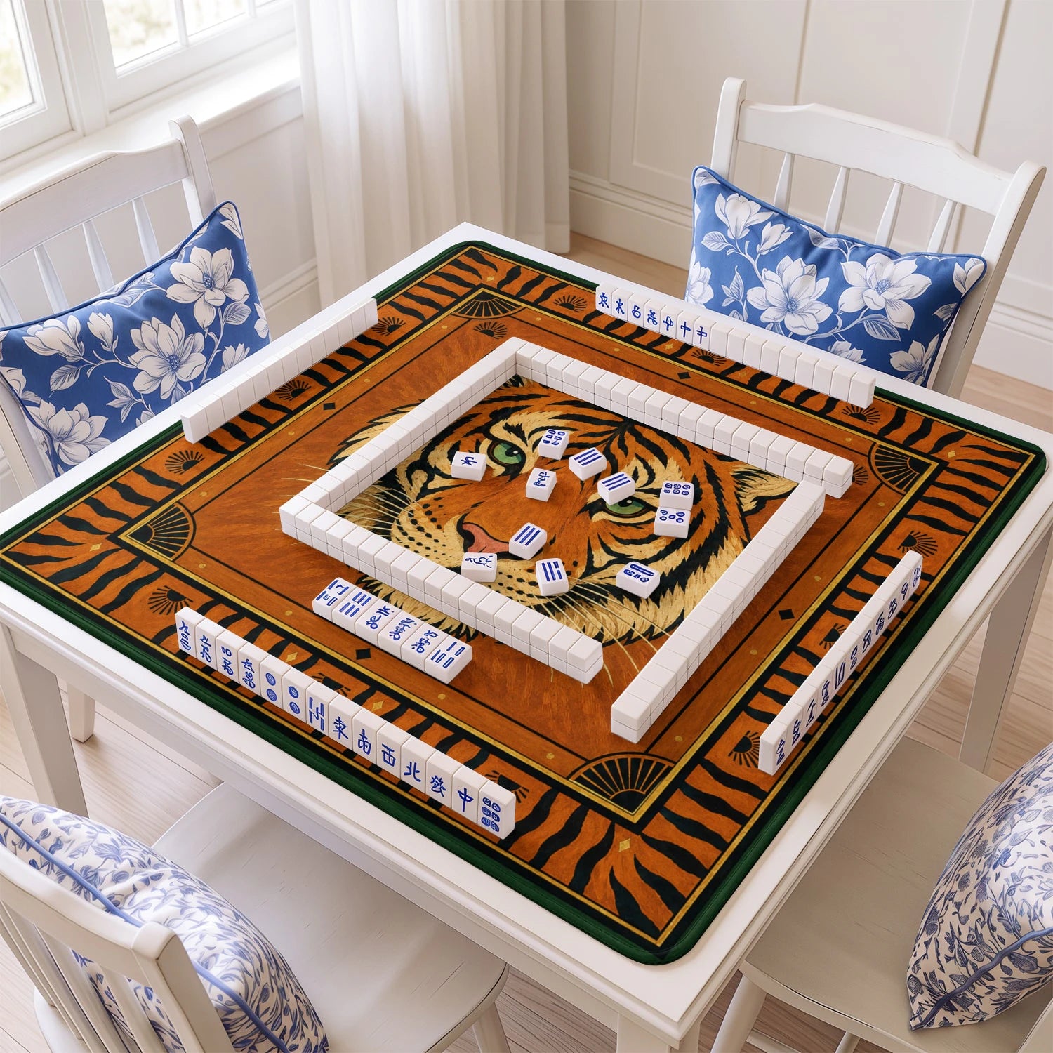 Tiger mahjong mat with tiles and racks on the table