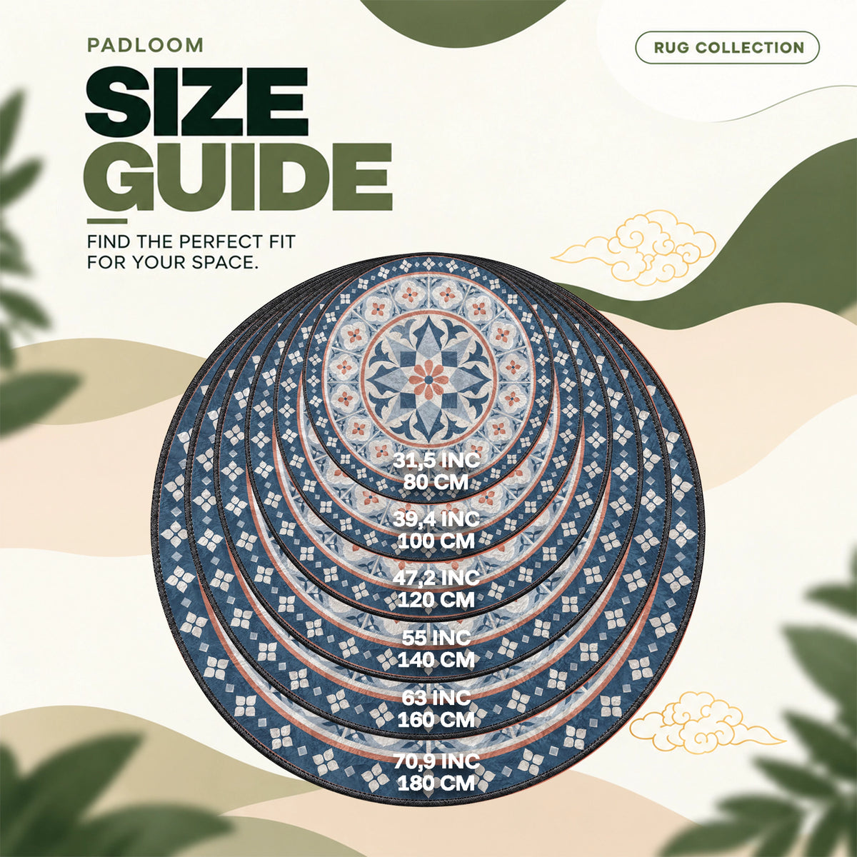 Tile Medallion round rug size guide, 80 to 180 cm (31.5 to 70.9 in)