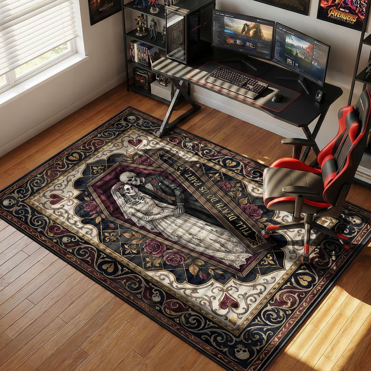 Till Death coffin rug placed in a romantic dark bedroom with candles and vintage furniture