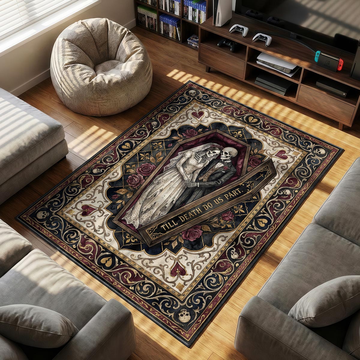 Detail shot of coffin wedding rug showing gold scrollwork and dye-sublimation print quality
