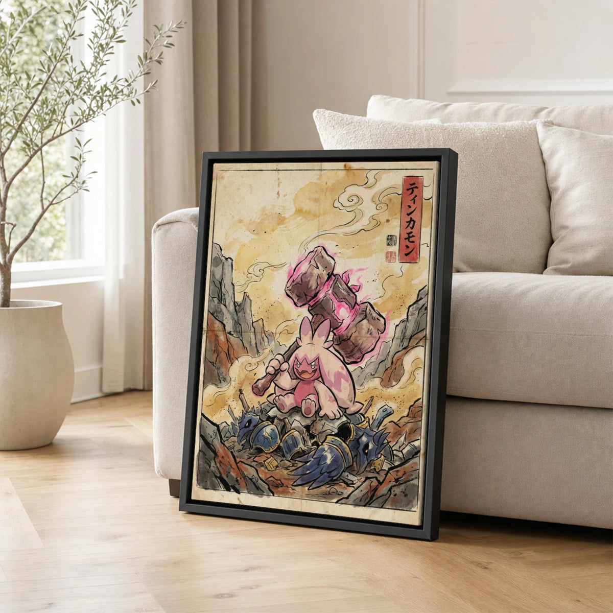 Tinkaton Hammer Pokemon poster leaning beside a sofa - living room wall art
