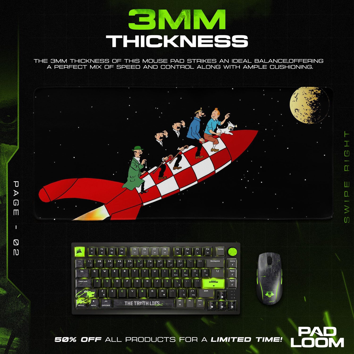 Tintin Mouse Pad, Moon Rocket Cartoon Gaming Desk Mat Padloom